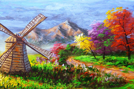 Classic Windmill and Autumn Trees