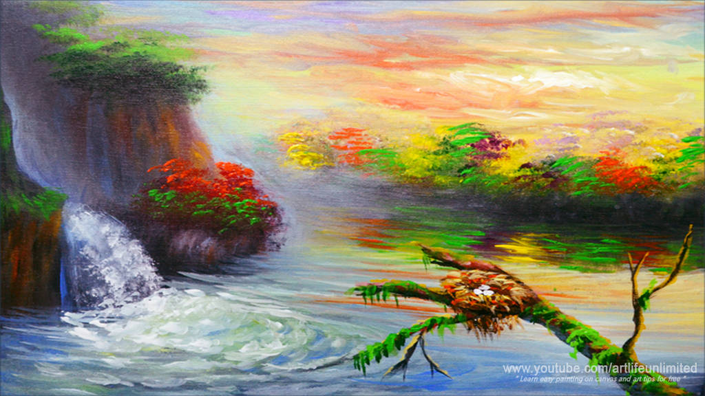 Water Falls in the Lake with Bird Nest by beejay-artlife12