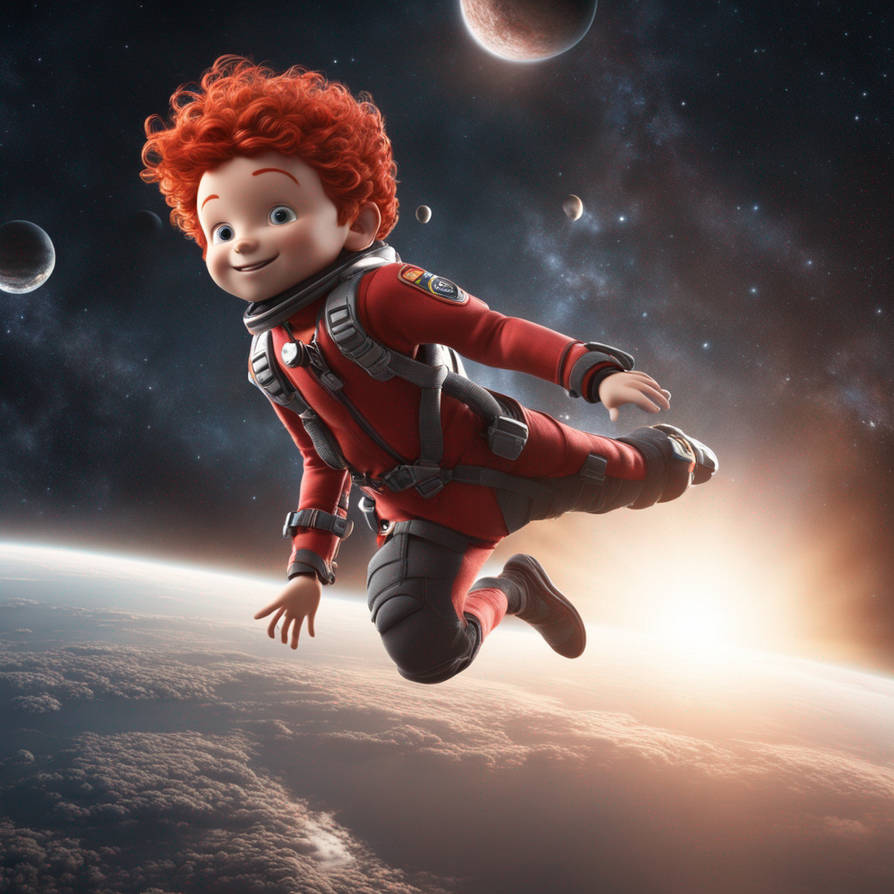 Red Headed Boy Flying Through Space 2