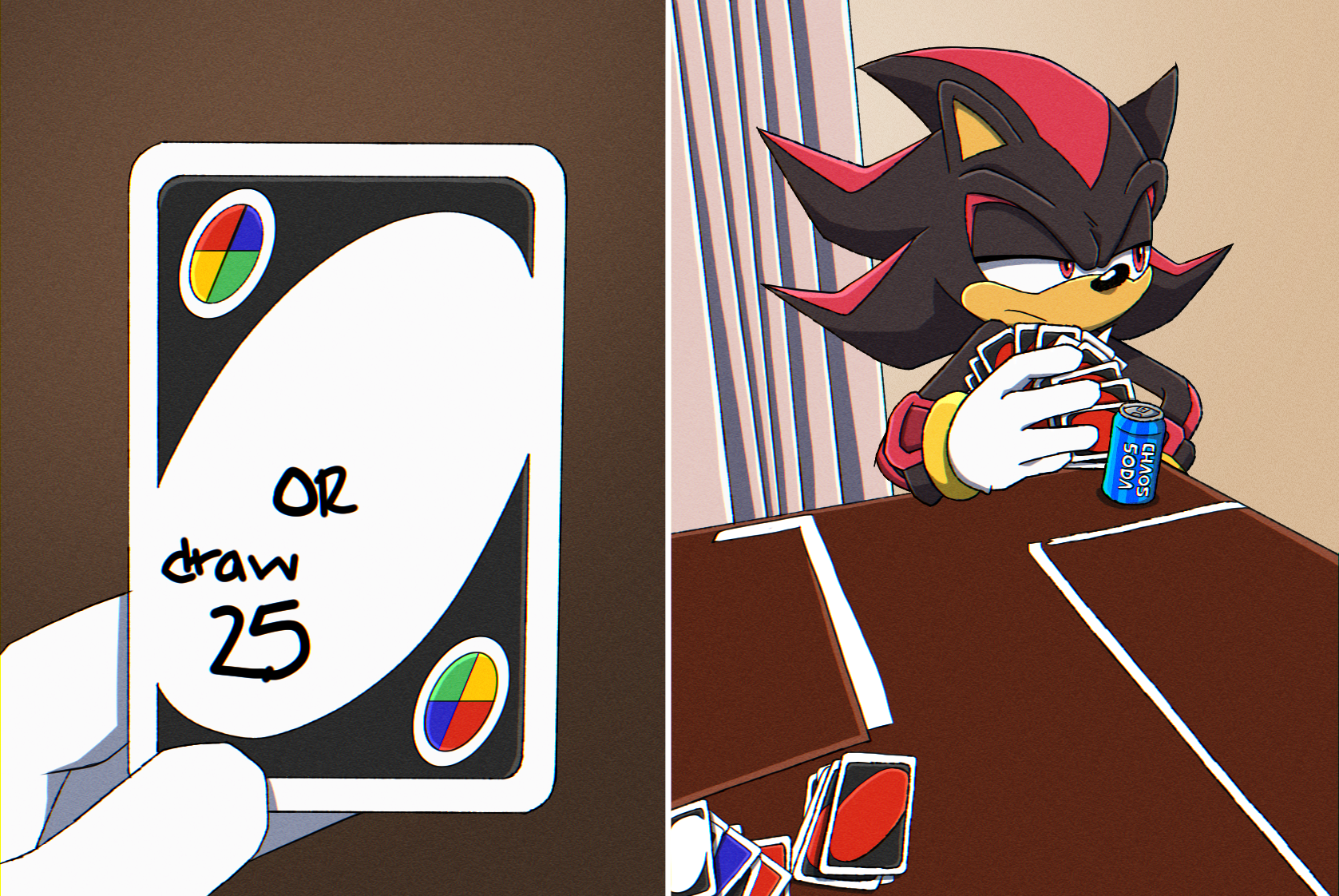 Shadow and Sonic Meme template (I don't know if it has a name). Credit:  @kora_doodles .  Source: :  r/SonicTheHedgehog