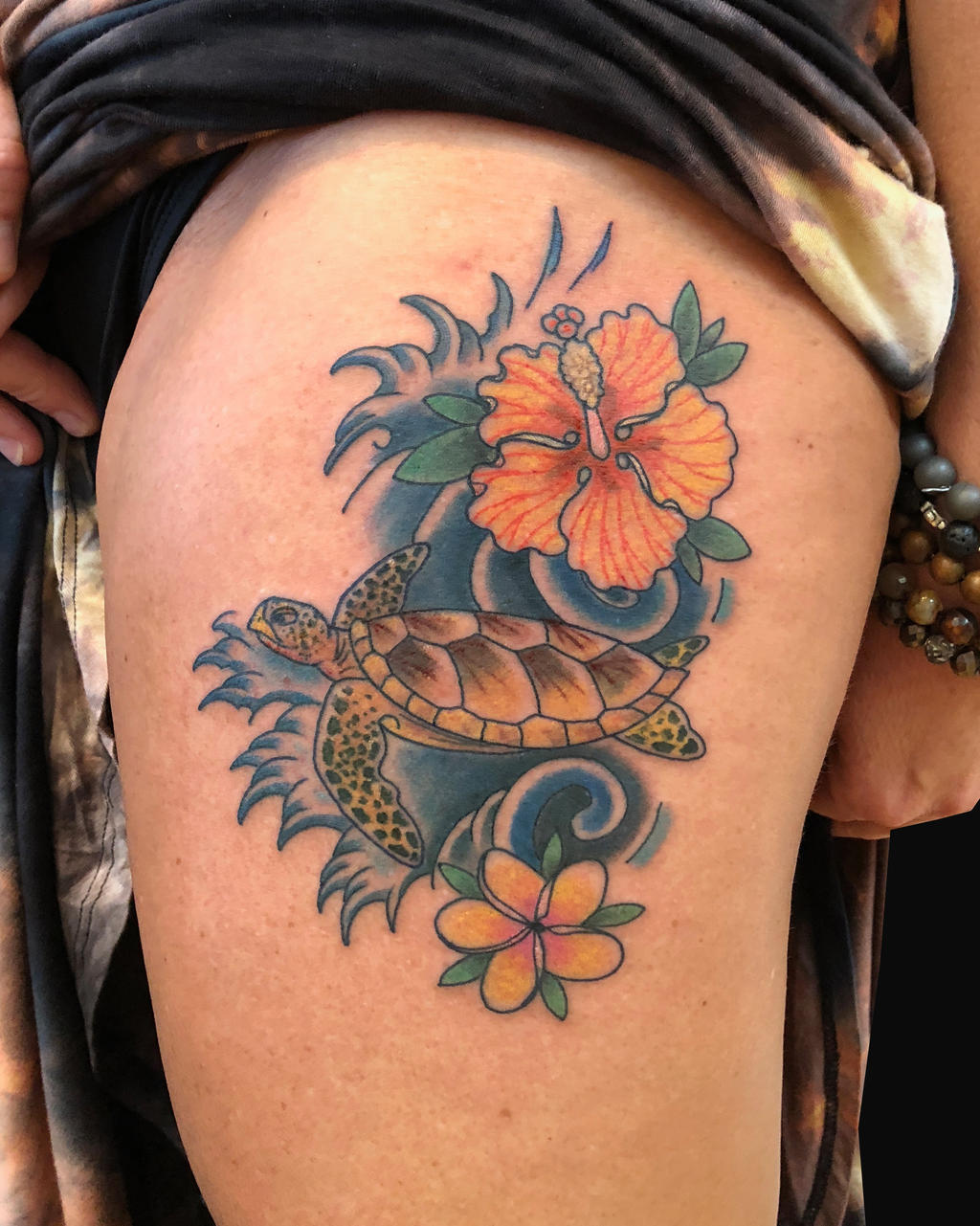 Turtle With Wave And Flowers By