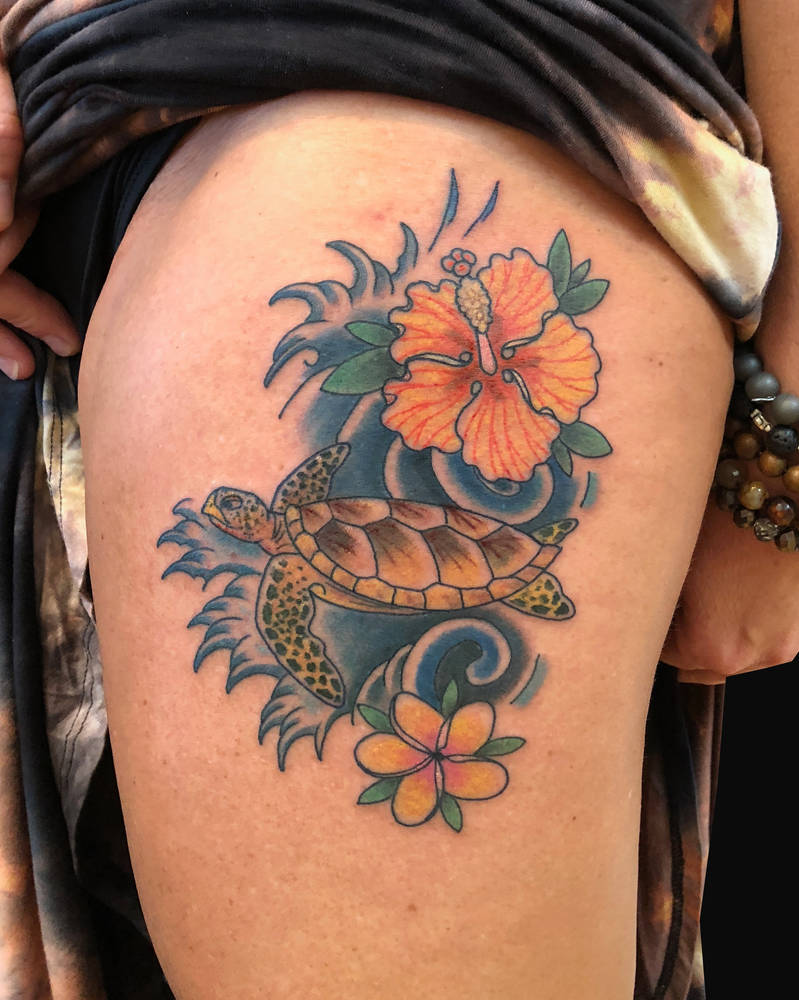 Turtle With Wave And Flowers By
