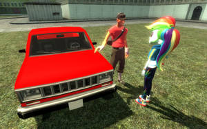 Sierra showing his Bobcat to Rainbow Dash (alt.)