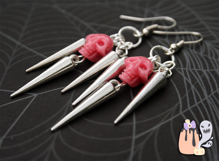 BadAss-Adorable Pink Skull Spike Dangle Earrings