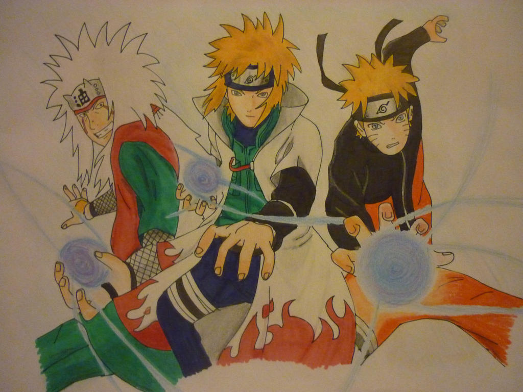 Meu desenho sombreado do Jiraiya,Minato e Naruto