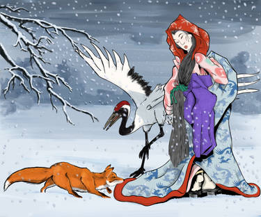 A woman with crane and fox
