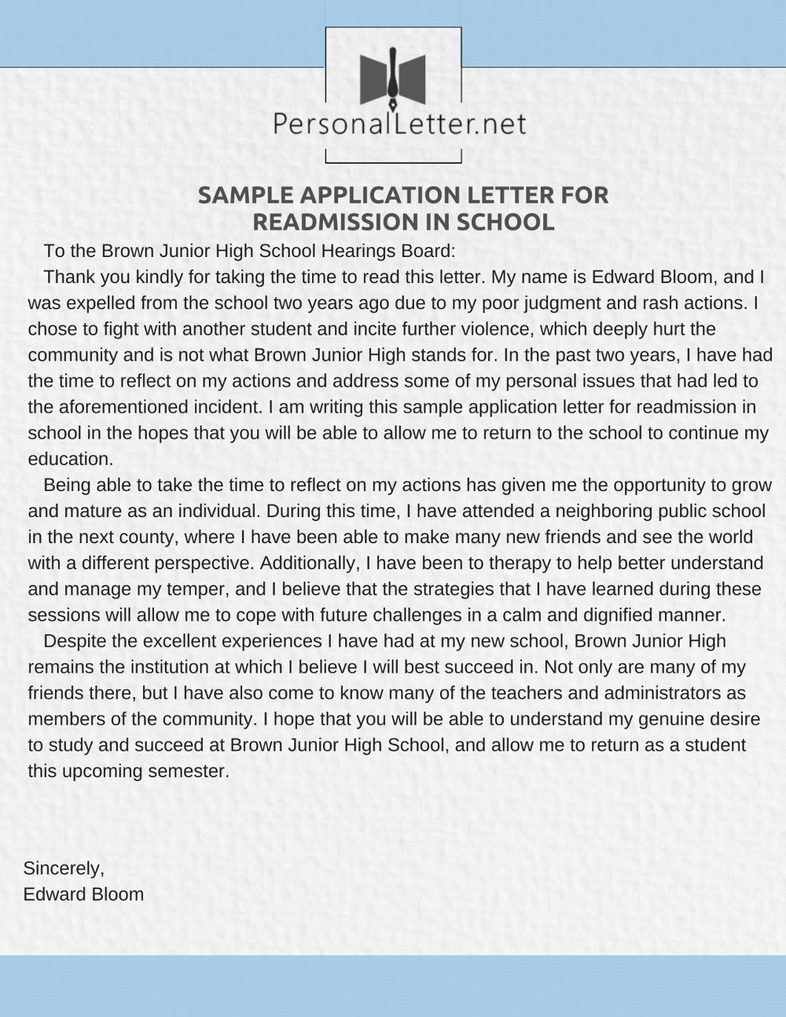 Sample Application Letter For Readmission In Schoo by
