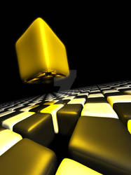 Gold cube alone above many anonymous cubes