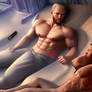 Shirless Muscular Man Lying on a Bed