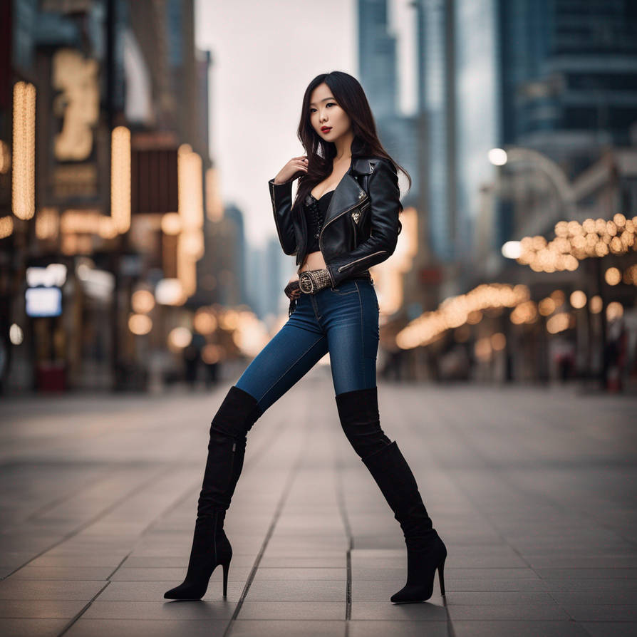 Female, high heel boots and leather jacket