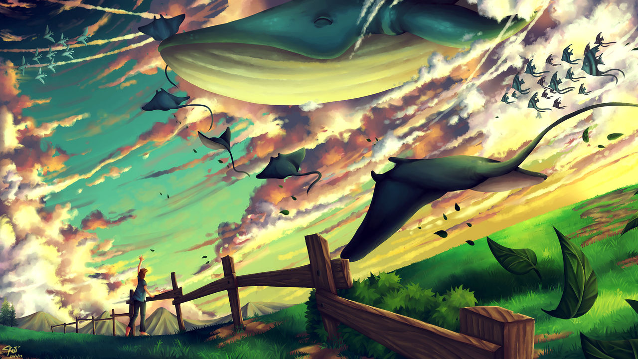 Мечта в игре становится реальностью 43. Художник Niken Anindita. Сюрреалистические пейзажи. Рыбы в небе арт. Фантастический пейзаж рисунки.