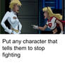 Who tells Supergirl and Power Girl to stop arguing
