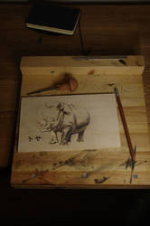 Rhino drawing on woodblock