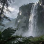 Waterfall on rainy day