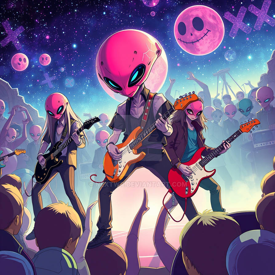 An alien rock band playing for a crowd of humans by NextWr on DeviantArt