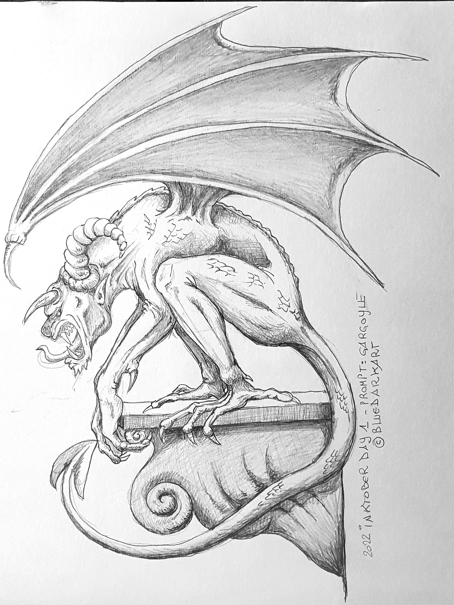 Inktober 2022 - Day 1 - Gargoyle by BluedarkArt