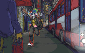 Icky, chasing a bus. Animated.