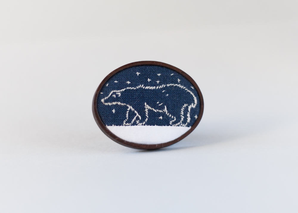 Polar bear totem brooch, embroidered animals