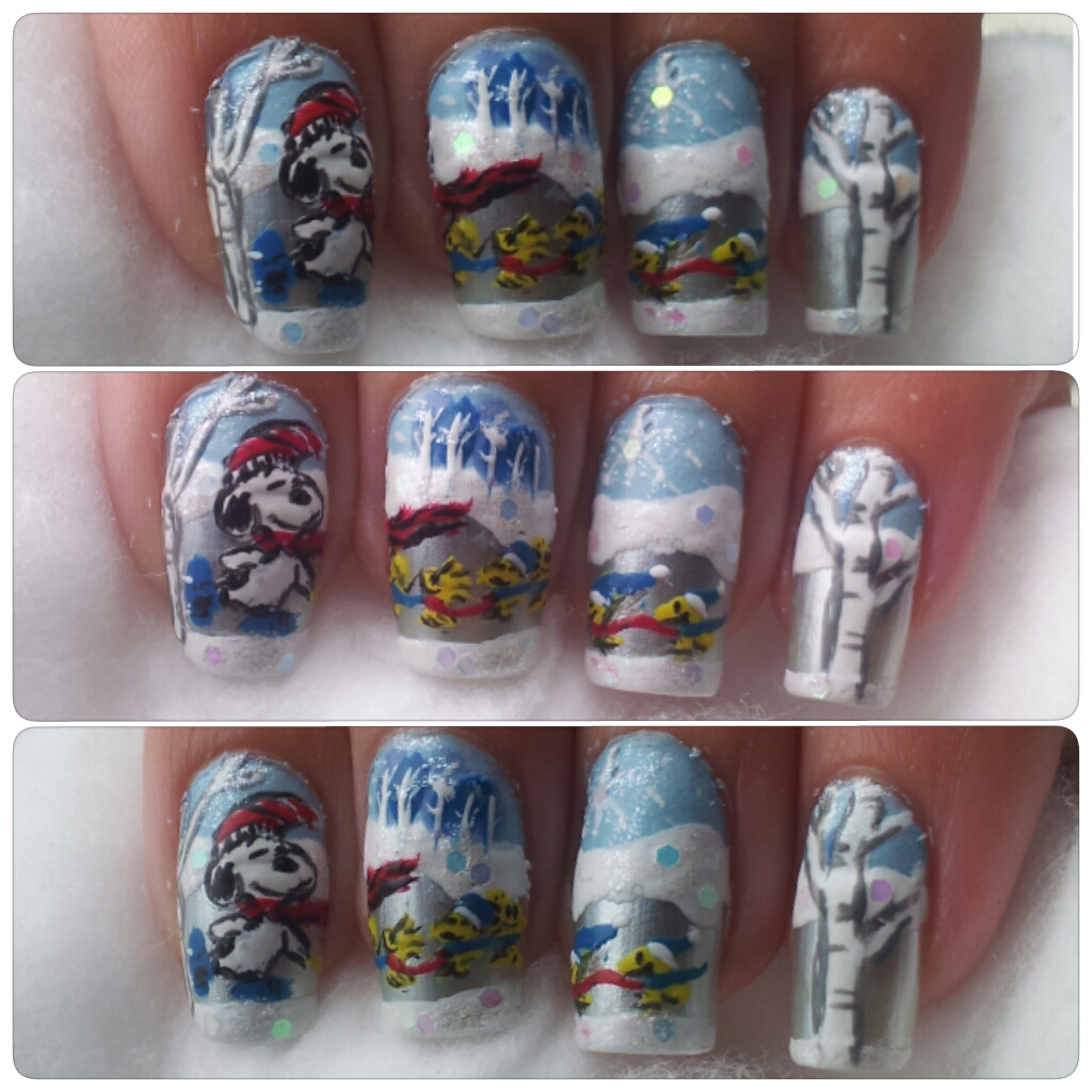 Snoopy and friends ice skating nail art