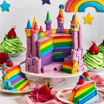 Rainbow castle with cake all around it