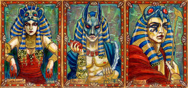 Egyptian gods: Sekhmet, Anubis, Horus