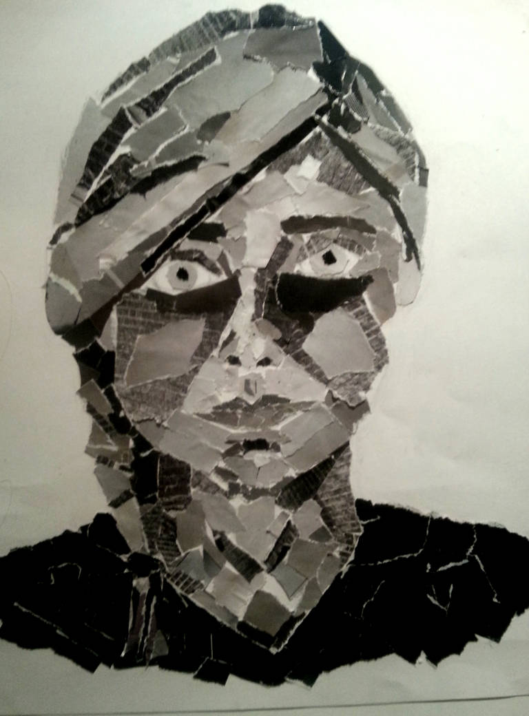 German Amaya, Triangle Self Portrait, 2019, black acrylic paint on cut  triangles of paper, glued to paper medium, 17″ x 14″