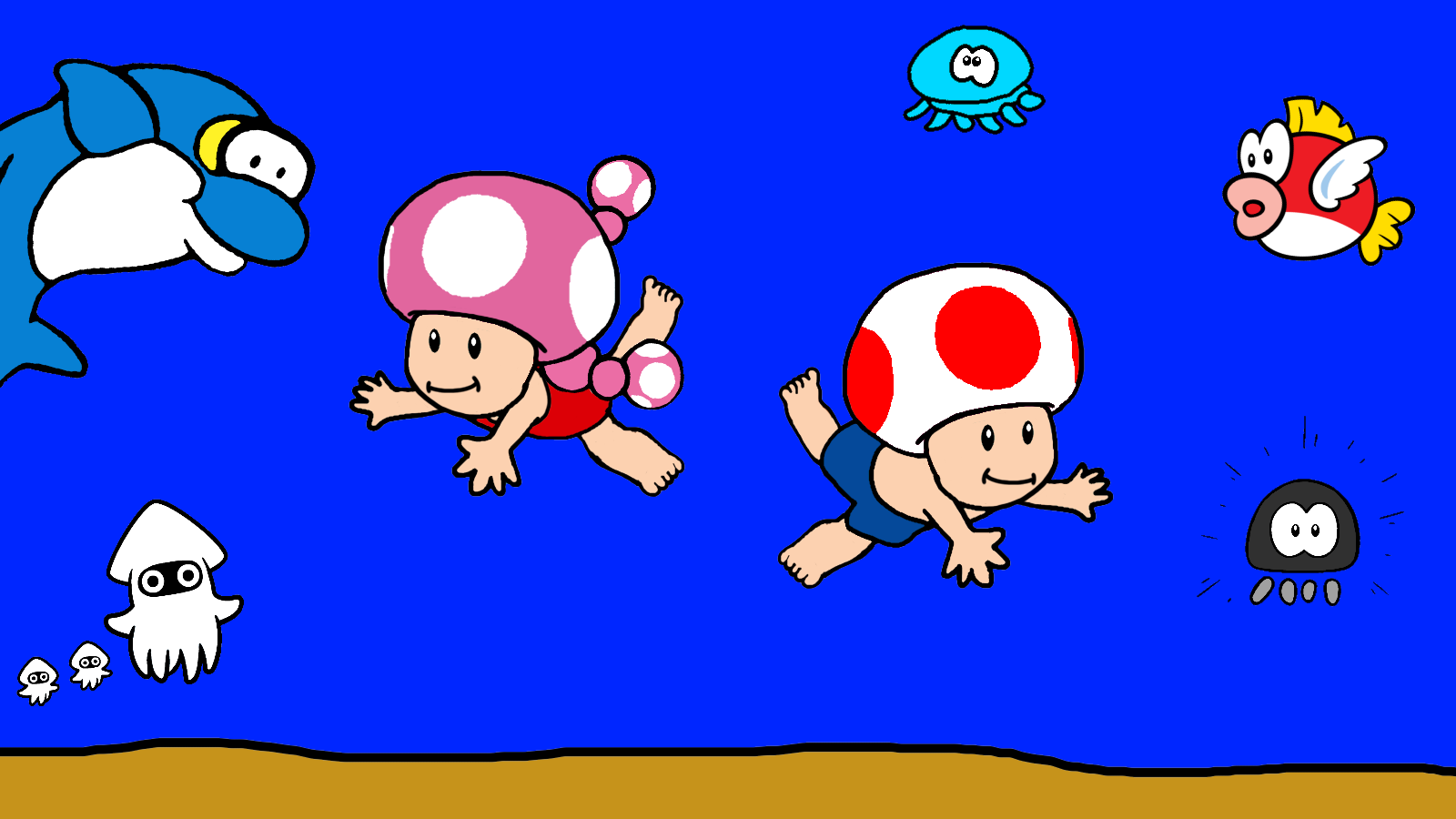 Toad and Toadette swimming in the water by Ruensor on DeviantArt