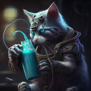Cyberpunk cat drinks energy milk