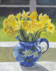 Backlit Daffodils in Blue Vase