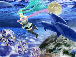 Miku play in a blue sea