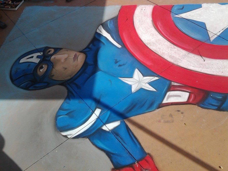 Chalk Art Captain America close up on face