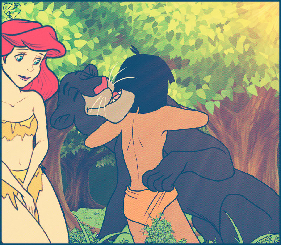 Bagheera Hugging Mowgli With Ariel By Jazz316-d9m3