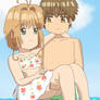 Syaoran carrying Sakura at the ocean