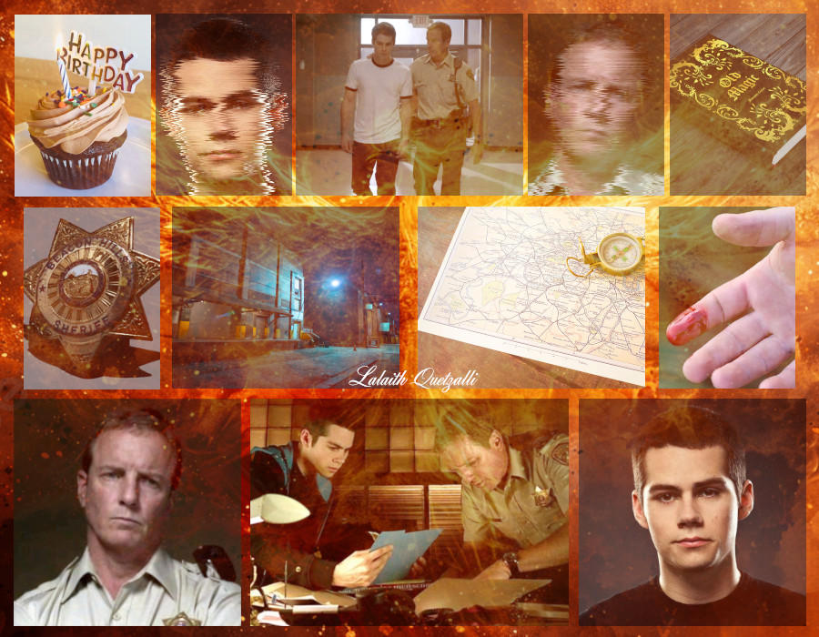 Moodboard, showing the sheriff, Stiles, a map, a birthday cupcake, a book about magic, a sheriff star, and a warehouse