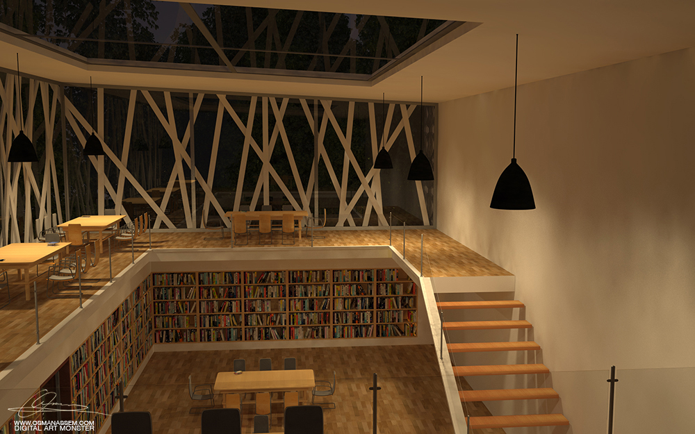 3D  Library Interior Night