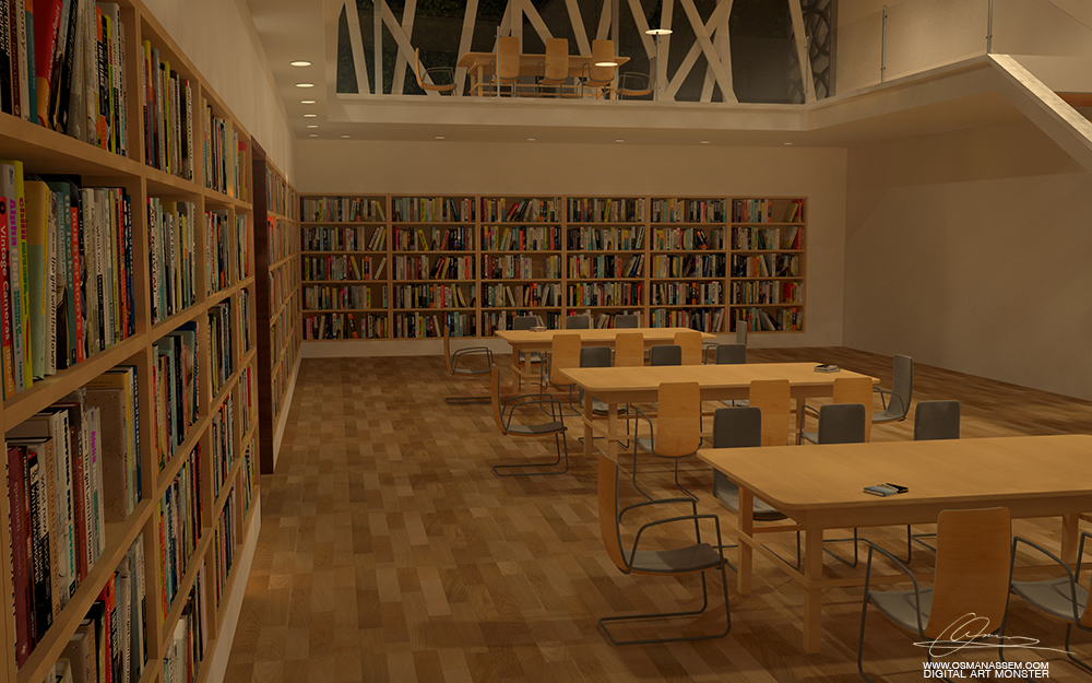 3D  Library Interior Night Close Scene