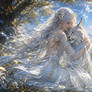 Ice Princess Embracing White Lynx on Mountain Peak