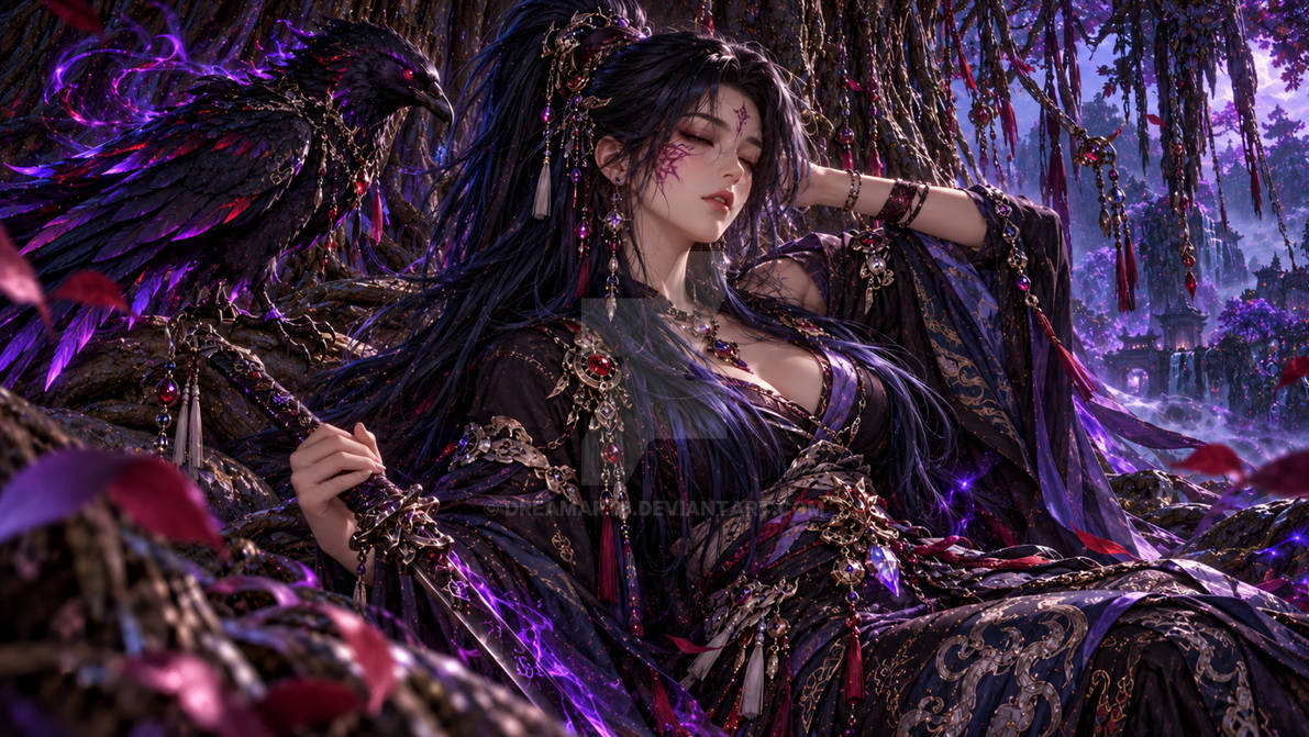 Shadow Raveb Dark Sorceress with Shadow Raven Resting in Enchanted Purple Forest by ...