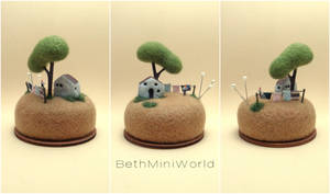 Miniature laundry hanging scene pincushion