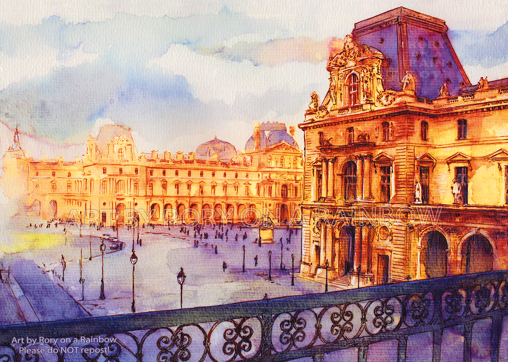 Louvre - PARIS Watercolor Painting