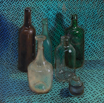 Still life with six glass vessels