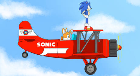 Sonic and Tails flying on the Tornado