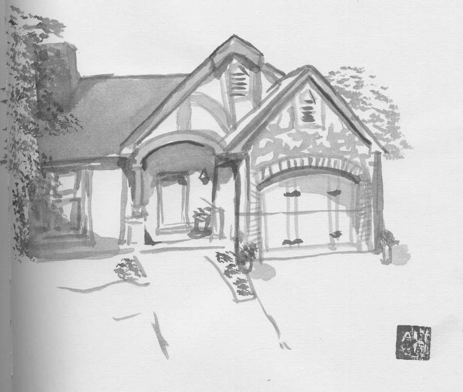 Sumi-E Ink Painting of a House