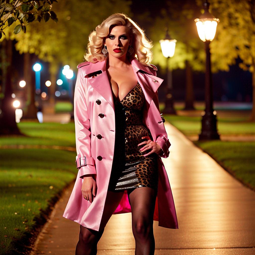 Young crossdresser in a metallic pink trench coat