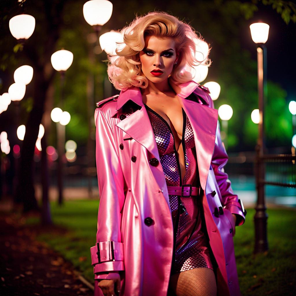 Young crossdresser in a metallic pink trench coat.