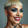 Close-up fashion portrait of a smiling woman with an avant-garde look