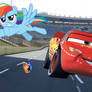 Rainbow Dash, Turbo, and Lighting McQueen racing
