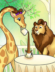 A giraffe serving coffee to a lion