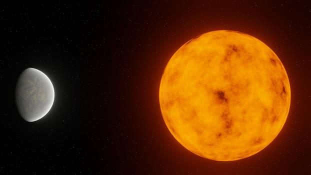 Stormy Dusty Hot Planet Close To Giant Hot Sun