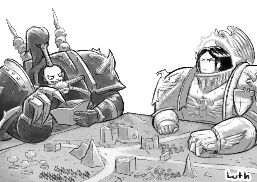 Emperor and Abaddon playing tabletop 40k